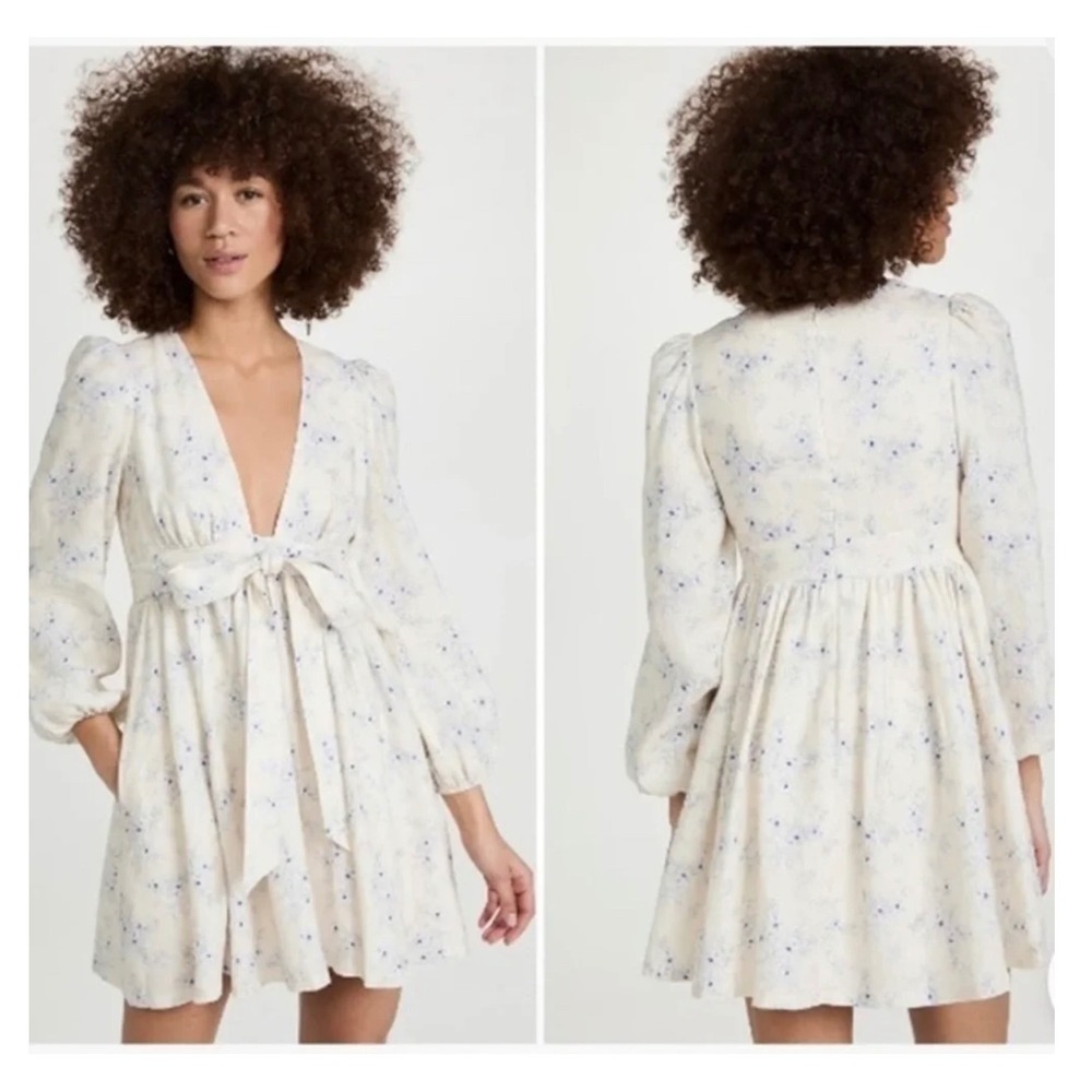 CAMI NYC 100% Linen Meri Mini Dress Small Floral Puff Sleeve V-Neck Tie Front